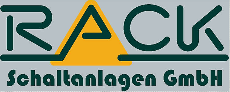 Logo Rack-Schaltanlagen. Hintergrund grau und davor Schriftzug.